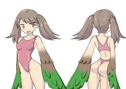  1girl absurdres alternate_breast_size ass borusen breasts brown_eyes brown_hair commentary_request covered_erect_nipples eyes_visible_through_hair groin highleg highleg_swimsuit highres kantai_collection medium_breasts one-piece_swimsuit red_one-piece_swimsuit ryuujou_(kancolle) solo swimsuit twintails winged_arms wings 