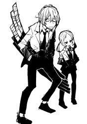 2boys borr constricted_pupils dowman_sayman formal gridman_universe hands_in_pockets height_difference low_twintails monochrome multiple_boys multiple_swords samurai_calibur short_hair slouching ssss.gridman sword twintails weapon