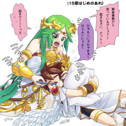  1boy 1girl angel angel_wings armlet bike_shorts brown_hair brushing_another&#039;s_teeth chain closed_eyes diadem feathers flying_sweatdrops gold_chain green_eyes green_hair holding holding_toothbrush hugging_object kid_icarus kid_icarus_uprising laurel_crown lying nintendo open_mouth palutena pillow pillow_hug pit_(kid_icarus) suno_(imydream) sweat toothbrush translation_request vambraces wings 