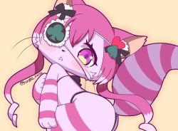  1girl cat cat_busters cheshire_(cat_busters) eyepatch furry furry_female hinako_iroiro lingerie long_hair pink_hair purple_eyes solo underwear  rating:Sensitive score:3 user:KemonoLover96