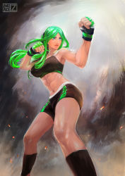 1girl abs bike_shorts blue_eyes borrowed_character breasts covered_erect_nipples cowboy_shot female_focus fighting_stance fingerless_gloves foreshortening gloves green_hair highres large_breasts long_hair midriff mixed_martial_arts muscular muscular_female navel neon_trim nose original paiple-r parted_bangs socks solo sports_bra rating:Sensitive score:29 user:danbooru