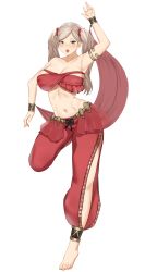  1girl absurdres armpits barefoot belly_dancer blue_eyes breasts cleavage feet full_body highres large_breasts long_hair looking_at_viewer midriff navel nvl persona persona_5 silver_hair simple_background solo standing standing_on_one_leg takamaki_anne tongue tongue_out transparent_background twintails  rating:Sensitive score:59 user:pronaccount690