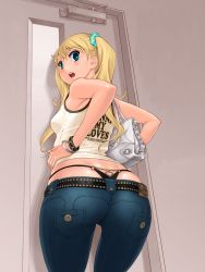  1girl ass bag belt black_panties blonde_hair blue_eyes blush bracelet breasts denim door from_behind green_eyes handbag hands_on_own_hips highres jeans jewelry long_hair looking_back o-ring o-ring_bottom open_mouth original panties pants red-p scrunchie shiny_skin sideboob small_breasts solo_focus tank_top third-party_edit thong twintails underwear whale_tail_(clothing) 