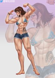  1girl abs biceps bikini brown_hair english_text flexing glasses heart highres hiiluigi leanbeefpatty looking_at_viewer muscular muscular_female real_life short_hair short_shorts shorts solo sweat swimsuit tattoo tattoo_on_hips thick_thighs thighs twitter_logo veins  rating:Sensitive score:43 user:danbooru