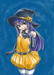 1girl blue_background blue_hair brown_hair child fairy_tail halloween_costume hat long_hair looking_at_viewer mashima_hiro pantyhose pumpkin smile solo striped_clothes striped_legwear striped_pantyhose wendy_marvell witch_hat rating:Sensitive score:15 user:danbooru