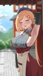 1girl absurdres aki_rosenthal aki_rosenthal_(new_year) arm_up armpits blue_eyes blue_hat blue_sky blurry blurry_background breasts cowboy_shot day detached_sleeves half-closed_eyes harry_(dudwofla) hat highres hololive japanese_clothes kimono large_breasts looking_at_viewer naughty_face official_alternate_costume open_mouth outdoors red_skirt sideboob skirt sky smile solo standing teeth temple tongue virtual_youtuber  rating:Sensitive score:18 user:DarkToonLink