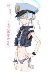  1girl :3 armpits bikini black_vest blue_archive blue_bikini bracelet breasts commentary_request cropped_legs cropped_vest crossed_bangs dated emaciated faceless faceless_female grey_hair hair_over_shoulder halo halterneck hand_on_own_hip hat highres jewelry kusada long_hair low_twintails navel open_clothes open_vest peaked_cap police_hat shaded_face side-tie_bikini_bottom signature simple_background skinny small_breasts smirk solo stomach swimsuit translated twintails valkyrie_police_academy_student valkyrie_police_academy_student_(blue_archive) vest watch white_background wristwatch 