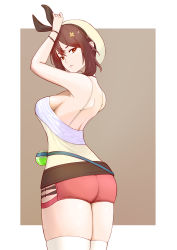 1girl absurdres artist_request ass atelier_(series) atelier_ryza bare_shoulders breasts brown_hair from_behind hair_ornament hairclip hat highres large_breasts looking_at_viewer looking_back orange_eyes red_shorts reisalin_stout shiny_skin short_hair_with_long_locks short_shorts shorts sideboob solo thighhighs rating:Sensitive score:7 user:armorcrystal