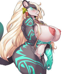 1girl absurdres alternate_breast_size animal_ears animal_nose arm_at_side arm_under_breasts belly black_fur blonde_hair blush body_fur breasts cervina colored_sclera completely_nude cowboy_shot curvy earrings facial_mark fatima_eaglefeather female_pubic_hair fingernails from_side furry furry_female green_fur grey_fur half-closed_eye highres huge_breasts jewelry large_areolae large_nipples long_fingernails long_hair looking_at_viewer navel necklace nipples nude parted_lips pubic_hair sdorica sharp_fingernails simple_background snout solo stomach sweat tail thick_thighs thighs very_long_hair white_background yellow_sclera rating:Questionable score:178 user:danbooru