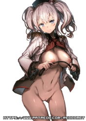 10s 1girl beret blue_eyes blush bottomless breasts cleft_of_venus epaulettes frilled_sleeves frills hat kantai_collection kashima_(kancolle) kerchief long_hair looking_at_viewer medium_breasts military military_uniform navel nipples open_clothes open_shirt pussy redcomet riding_crop shirt silver_hair simple_background smile solo twintails uncensored uniform watermark wavy_hair web_address white_background rating:Explicit score:32 user:danbooru