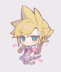 1boy alternate_costume alternate_hairstyle apron blonde_hair blue_eyes blush bow braid chibi cloud_strife commentary crossdressing dress expressionless final_fantasy final_fantasy_vii floral_print frilled_dress frilled_socks frills full_body grey_background hair_bow hair_ornament hairclip long_hair looking_to_the_side male_focus maomaoyu neck_ruff octopus_hair_ornament pink_bow pink_dress pink_footwear puffy_short_sleeves puffy_sleeves short_sleeves simple_background socks solo sparkle spiked_hair standing twin_braids white_apron 