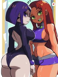  ! 2girls absurdres alien angry ass belt black_leotard blue_background breasts cartoon_network colored_sclera colored_skin dc_comics facial_mark forehead_mark green_eyes green_sclera grey_belt heart highres large_breasts leotard long_hair long_sleeves looking_at_viewer looking_back midriff multiple_girls navel open_mouth orange_skin pale_skin purple_eyes purple_hair purple_shirt purple_skirt raven_(dc) red_hair shirt short_hair skirt sleeveless sleeveless_shirt smile spoken_heart standing starfire superhero_costume teen_titans teeth thick_thighs thighs tony_welt  rating:Sensitive score:60 user:cpee