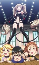  4girls age_difference alternate_costume animal_ears ass bare_shoulders bdsm bell black_gloves black_hair black_legwear blonde_hair blue_eyes blush body_blush bondage_outfit boots breast_press breasts brown_eyes cameltoe cat_ears cat_girl ceiling cleavage clothes_lift collar collarbone covered_erect_nipples dominatrix ekaterina_kurae elbow_gloves embarrassed female_focus femdom fence fingernails floor from_below glasses gloves hair_tubes hairband half-closed_eyes hand_on_own_hip highres holding indoors jingle_bell jpeg_artifacts katsuragi_hana lamp large_breasts latex latex_gloves latex_legwear legs light loli lolidom lolita_hairband long_hair long_image looking_at_viewer lying midriff multiple_girls naughty_face navel nipples non-web_source on_floor one-piece_swimsuit onee-loli open_mouth red_eyes satsuki_ayame_(seikon_no_qwaser) screencap seikon_no_qwaser shadow shiizaki_lulu shiny_clothes shiny_skin shirt_lift short_hair skindentation slave small_breasts smile standing standing_on_person stitched swimsuit tail tall_image thigh_boots thighhighs third-party_edit tongue top-down_bottom-up twintails wall wavy_mouth whip window wooden_floor yuri  rating:Questionable score:400 user:goldoa