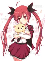1girl belt blush date_a_live floral_background highres hisagi_maruyama itsuka_kotori jacket long_hair looking_at_viewer necktie hugging_object red_eyes red_hair red_jacket red_skirt shirt skirt smile solo stuffed_animal stuffed_toy teddy_bear twintails very_long_hair white_shirt rating:Sensitive score:7 user:danbooru