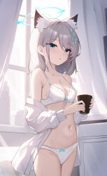  1girl absurdres animal_ears aqua_eyes blue_archive blush bow bow_bra bow_panties bra breasts cleavage clothes_pull collarbone cup curtains grey_hair halo highres holding holding_cup indoors looking_at_viewer navel open_clothes open_shirt panties shiroko_(blue_archive) shirt shirt_pull small_breasts solo thighhighs underwear usagi_(786113654) white_bra white_panties white_shirt window wolf_ears  rating:Sensitive score:11 user:danbooru