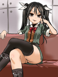  10s 1girl asanagi black_hair black_thighhighs blush boots brown_upholstery couch crossed_legs fang hair_ribbon kantai_collection knee_boots long_hair looking_at_viewer no_panties personification ribbon short_sleeves single_thighhigh sitting sketch skirt smile solo thighhighs tone_(kancolle) twintails  rating:Questionable score:102 user:danbooru
