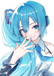  1girl alternate_hairstyle blue_eyes blue_hair blue_nails blue_necktie blush closed_mouth collared_shirt detached_sleeves dot_nose hatsune_miku highres long_hair looking_at_viewer nail_polish necktie shirt smile solo vocaloid wasemkn white_background white_shirt 