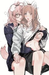  2girls animal_ear_hairband animal_ears bang_dream! bang_dream!_it&#039;s_mygo!!!!! black_hairband black_skirt blue_eyes blue_hoodie breasts brown_hair chihaya_anon clothes_lift commentary dog_ears dog_tail fake_animal_ears fang glasses grey_eyes groping hairband hashtag-only_commentary highres hood hoodie invisible_chair lifted_by_self long_hair long_sleeves medium_breasts multiple_girls nagasaki_soyo open_mouth pink_hair shirt_lift sidelocks simple_background sitting sitting_between_lap siy_(shengxiu760722) skin_fang skirt stomach sweat sweater sweater_lift tail white_background yuri 