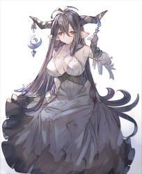 1girl antenna_hair bandaged_arm bandages bare_shoulders black_gloves black_hair breasts cleavage closed_mouth crescent danua draph dress fingerless_gloves gloves granblue_fantasy hair_between_eyes halterneck horn_ornament horns large_breasts long_hair looking_at_viewer pointy_ears red_eyes sitting solo tota_(sizukurubiks) very_long_hair white_background white_dress rating:Sensitive score:11 user:danbooru