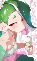  1girl :&gt;= blue_hair blush breasts chest_sarashi cleavage commentary_request dango earrings eyeshadow fellatio flower flower_earrings food gradient_hair green_hair green_pants hair_flower hair_ornament highres holding holding_food jewelry kashu_(hizake) long_hair makeup midriff multicolored_hair nintendo octoling official_alternate_costume oral pants pink_shawl red_eyes red_eyeshadow saliva sarashi see-through_shawl sexually_suggestive shawl shiver_(splatoon) short_eyebrows sideways_glance simulated_fellatio small_breasts solo sound_effects splatoon_(series) splatoon_3 sweat tentacle_hair translation_request two-tone_hair wagashi white_background white_flower 