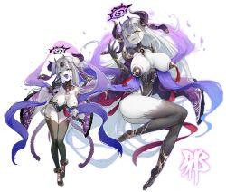 2girls :d absurdres arm_under_breasts ass barefoot breasts collar colored_skin cuffs demon_girl demon_horns full_body half-closed_eyes halo highres horns large_breasts long_hair looking_at_viewer medium_breasts mesugaki multiple_girls open_mouth original osisio pasties shackles smile tassel teeth thighhighs upper_teeth_only very_long_hair white_background white_hair white_skin yellow_eyes 