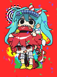  2girls aqua_hair biting_another&#039;s_clothes black_eyes black_necktie blue_hat blush_stickers bow brown_footwear chibi collared_shirt confetti drill_hair empty_eyes false_smile gloves grey_shirt hair_between_eyes hat hatsune_miku highres itomaki_(itoma_11010) kasane_teto mesmerizer_(vocaloid) multiple_girls necktie open_mouth pants pinstripe_hat prostration red_background red_bow red_eyes red_hair red_hat red_pants red_suspenders shaded_face sharp_teeth shirt short_sleeves sidelocks smile smiley_face spiral striped_bow striped_clothes striped_headwear striped_shirt suspenders sweat teeth tongue tongue_out twin_drills twintails utau vertical-striped_clothes vertical-striped_headwear vertical-striped_shirt vocaloid yellow_gloves 