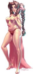  1990s_(style) 1girl aerith_gainsborough anklet bad_id bad_tumblr_id barefoot blush bow braid breasts brown_hair dress drill_hair feet final_fantasy final_fantasy_vii green_eyes jewelry lace lace-trimmed_panties lace_trim large_areolae long_dress long_hair navel nipples off_shoulder open_mouth panties pink_bow pink_dress ponytail puffy_nipples red_panties retro_artstyle robaato single_braid small_breasts solo standing toes topless twin_drills twintails underwear undressing very_long_hair  rating:Explicit score:167 user:danbooru