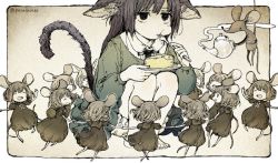  6+girls :t animal_ears barefoot border cat_ears cat_girl cheese eating feet food fork gradient_background mini_person minigirl mouse_(animal) mouse_ears multiple_girls muted_color original parallela66 plate sitting tail teapot twitter_username white_border  rating:Sensitive score:8 user:rowlandt