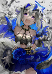  1girl amane_kanata bare_shoulders belt black_belt black_gloves blue_eyes blue_flower blue_hair blue_halo blue_rose breasts collar colored_inner_hair crying crying_with_eyes_open double_bun feathers flower gloves grey_hair hair_bun halo harness highres himukai_aoi hololive lace_trim layered_skirt long_hair looking_at_viewer multicolored_hair o-ring o-ring_top purple_eyes rose screaming skirt small_breasts solo standing star_halo tears teeth two-tone_hair upper_teeth_only very_long_hair virtual_youtuber wings  rating:General score:4 user:orochijes