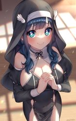  1girl absurdres amano_nene_(vtuber) amano_nene_(vtuber)_(2nd_costume) blue_hair blush breasts c: cleavage closed_mouth commentary_request commission cowboy_shot detached_sleeves green_eyes habit heart heart-shaped_pupils highres indoors interlocked_fingers jewelry large_breasts long_hair looking_at_viewer low_twintails necklace nun own_hands_together praying production_kawaii skeb_commission smile solo standing symbol-shaped_pupils twintails twitter_username virtual_youtuber window_shadow yayoi_maka 