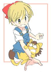  1girl :d bad_id bad_pawoo_id blonde_hair blue_overalls blush_stickers border bow creature dot_nose eyes_visible_through_hair foreshortening from_side hair_between_eyes hair_bow hand_up highres hime-chan_no_ribbon looking_at_another looking_at_viewer looking_up nonohara_himeko open_mouth outside_border outstretched_arm outstretched_hand overalls pokota_(hime-chan_no_ribbon) poyozoo_(poyozoz) reaching reaching_towards_viewer red_bow shirt short_hair short_sleeves simple_background sketch smile swept_bangs tareme white_background white_shirt yellow_eyes 