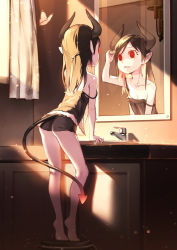 1girl adjusting_hair arm_up ass barefoot black_camisole black_hair black_shorts blvefo9 breasts bug butterfly camisole cleavage clenched_teeth curtains demon_girl demon_tail faucet feet from_behind full_body highres horns bug kneepits legs long_hair mirror original pointy_ears red_eyes reflection sharp_teeth short_shorts shorts small_breasts soles solo strap_slip tail teeth tiptoes underwear underwear_only window rating:Questionable score:225 user:danbooru