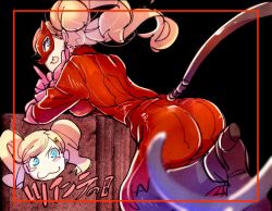 1girl :3 ass bent_over big_hair blonde_hair blue_eyes blush bodysuit boots catsuit fake_tail gloves looking_at_viewer looking_back mask persona persona_5 pink_gloves solo tail takamaki_anne thigh_boots thighhighs tongue tongue_out twintails  rating:Questionable score:17 user:thenoblehaltmann