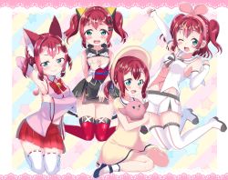 4girls :&gt; alternate_hairstyle animal animal_ears ankle_strap aqua_eyes arm_behind_back arm_warmers armpits bell bird black_footwear blush blush_stickers bonnet border bow bowtie candy cat_ears cleavage_cutout clothing_cutout commentary_request cosplay covering_breasts covering_privates d-pad d-pad_hair_ornament detached_sleeves dress food hair_ornament headband highres holding holding_animal holding_bird jingle_bell kaguya_luna kaguya_luna_(character) kaguya_luna_(character)_(cosplay) kemomimi_oukoku_kokuei_housou kizuna_ai kizuna_ai_(cosplay) kizuna_ai_inc. kurosawa_ruby lace lace_border lollipop looking_at_viewer love_live! love_live!_sunshine!! mikoko_(kemomimi_oukoku_kokuei_housou) mikoko_(kemomimi_oukoku_kokuei_housou)_(cosplay) mochi_hiyo mochi_hiyo_(cosplay) multiple_girls multiple_persona ornate_border pleated_skirt red_hair red_neckwear red_skirt ribbon-trimmed_legwear ribbon_trim rinne_(mizunosato) sailor_collar skirt socks star_(symbol) starry_background striped_background striped_bow striped_bowtie striped_clothes striped_neckwear the_moon_studio thighhighs twintails two_side_up v-shaped_eyebrows vertical_stripes virtual_youtuber white_legwear wrist_cuffs yellow_dress