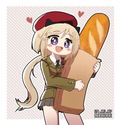  1girl :d animal_ears artist_name bag baguette beret black_necktie blonde_hair blush_stickers bread commentary_request commission cowboy_shot dated fake_animal_ears food girls&#039;_frontline green_jacket grey_skirt hair_between_eyes hat heart holding holding_bag holding_food jacket korean_commentary long_hair long_sleeves m3_(girls&#039;_frontline) madcore military_uniform necktie open_mouth paper_bag pixiv_commission pleated_skirt ponytail purple_eyes red_hat shirt simple_background skirt smile solo sparkling_eyes striped_background uniform variant_set very_long_hair white_shirt 
