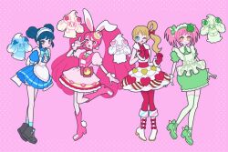  4girls :d aizawa_mint alcremie alcremie_(berry_sweet) alcremie_(matcha_cream) alcremie_(strawberry_sweet) alcremie_(vanilla_cream) amulet_clover animal_ears apron arms_behind_back black_footwear blonde_hair blue_dress blue_eyes blue_hair boots bow cake_hair_ornament clover_hair_ornament commentary_request crossover cure_whip double_bun dress earrings food-themed_hair_ornament frilled_apron frills fukuhara_ann full_body gen_8_pokemon gloves green_dress green_footwear hair_bun hair_ornament hand_up highres jewelry kirakira_precure_a_la_mode knee_boots long_hair looking_at_viewer magical_girl maid maid_headdress multiple_crossover multiple_girls nyaasechan open_mouth pink_background pink_bow pink_dress pink_eyes pink_footwear pink_gloves pink_hair pleated_dress pom_pom_(clothes) pom_pom_earrings precure pretty_rhythm pretty_rhythm_rainbow_live pretty_series puffy_short_sleeves puffy_sleeves rabbit_ears red_gloves shoes short_hair short_sleeves shugo_chara! side_ponytail smile standing standing_on_one_leg tokyo_mew_mew trait_connection twintails usami_ichika v white_apron white_footwear 