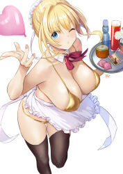  1girl ;o apron bare_shoulders bikini black_thighhighs blonde_hair blowing_kiss blue_eyes blush bottle bow bowtie breasts bun_cover cleavage collarbone condom condom_wrapper detached_collar frilled_apron frills gold_bikini hair_bun holding holding_tray large_breasts looking_at_viewer lube nakajima_yuka navel one_eye_closed open_mouth original puckered_lips ramune red_bow red_bowtie satin_bikini shiny_swimsuit simple_background single_hair_bun single_side_bun solo swimsuit thighhighs tray waist_apron white_apron white_background yellow_bikini 