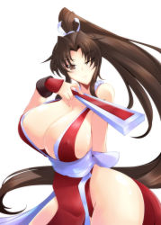 1girl ;) bare_shoulders breasts brown_eyes brown_hair cleavage folded_fan cowboy_shot hand_fan fatal_fury folding_fan gloves haganef huge_breasts japanese_clothes long_hair looking_at_viewer one_eye_closed panties pelvic_curtain ponytail revealing_clothes shiranui_mai sideboob smile snk solo the_king_of_fighters underwear very_long_hair white_background rating:Questionable score:63 user:danbooru