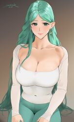  1girl 2024 blush breasts cleavage covered_navel dated earrings female_focus fire_emblem fire_emblem:_three_houses green_eyes green_hair highres jewelry large_breasts long_hair long_sleeves looking_at_viewer matching_hair/eyes nintendo pants parted_bangs pointy_ears rhea_(fire_emblem) sendo_(sendrawz) shirt sitting solo very_long_hair white_shirt yoga_pants  rating:Sensitive score:18 user:danbooru