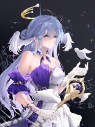  1girl absurdres aqua_eyes bare_shoulders bead_bracelet beads bird blue_hair bracelet closed_mouth detached_sleeves dress gloves hair_between_eyes halo hand_up head_wings highres holding holding_staff honkai:_star_rail honkai_(series) jewelry looking_at_viewer musical_note purple_dress robin_(honkai:_star_rail) saito_(saito_art) short_sleeves smile solo staff two-tone_dress white_dress white_gloves white_wings wings 