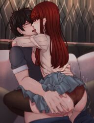  1boy 1girl amamiya_ren atlus black_hair breasts clothed_sex couch couple french_kiss hands_on_another&#039;s_ass kiss litoldebil long_hair medium_breasts nude open_mouth penis persona persona_5 persona_5_the_royal pussy pussy_juice red_eyes red_hair skirt thighhighs thighs trembling vaginal yoshizawa_kasumi yoshizawa_sumire 