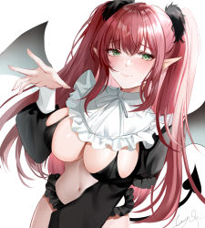 1girl absurdres bikini black_bikini blunt_bangs blush breasts cleavage closed_mouth commentary_request crop_top demon_girl demon_horns demon_tail demon_wings fangs fingernails frilled_panties frilled_shirt_collar frills full_body green_eyes hair_between_eyes hand_up highres horns kitagawa_marin large_breasts long_fingernails long_hair long_sleeves looking_at_viewer navel panties puffy_long_sleeves puffy_sleeves qyan red_hair rizu-kyun sidelocks signature simple_background skindentation smile socks solo sono_bisque_doll_wa_koi_wo_suru standing stomach swimsuit tail thighs twintails underwear very_long_hair white_background wings rating:Sensitive score:42 user:danbooru