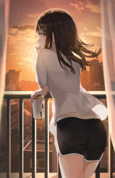  1girl absurdres balcony bird black_shorts brown_eyes brown_hair cityscape cloud cowboy_shot dolphin_shorts drink ear_piercing elbow_rest from_behind hair_ornament hairclip highres holding holding_drink jewelry leaning_forward long_hair looking_back original piercing railing ring see-through see-through_shirt see-through_silhouette shirt short_shorts short_sleeves shorts sion_(im10042m) sky solo standing sunset thighs white_shirt wind wind_lift  rating:Sensitive score:12 user:danbooru
