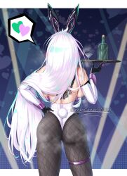  1girl animal_ears ass azur_lane breasts condom fishnets from_behind highres huge_ass kearsarge_(all_night_charge)_(azur_lane) kearsarge_(azur_lane) large_breasts leotard mechanical_parts playboy_bunny ponytail rabbit_ears standing thighs white_hair yolo_generations 