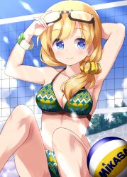  1girl arm_behind_head armpits ball bikini blonde_hair blue_eyes blue_sky blush breasts cleavage cloud commentary_request day eyewear_on_head hair_ornament hair_scrunchie harukana_receive highres long_hair looking_at_viewer medium_breasts navel outdoors ponytail ruu_(tksymkw) scrunchie sitting sky smile solo sunglasses swept_bangs swimsuit thighs thomas_emily twintails volleyball volleyball_(object) volleyball_net yellow_scrunchie 