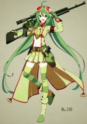  1girl 330 ahoge armband bad_id bad_nicoseiga_id boots brown_eyes creatures_(company) fingerless_gloves flygon full_body game_freak gen_3_pokemon gloves goggles green_footwear green_hair green_thighhighs grey_background gun handgun highres long_gun long_hair looking_at_viewer merlusa midriff miniskirt navel necktie nintendo open_mouth personification pistol pokedex_number pokemon rifle salute scope sidearm simple_background skirt smile sniper_rifle solo striped_clothes striped_thighhighs thighhighs very_long_hair weapon  rating:Sensitive score:69 user:danbooru