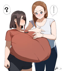  2girls ? absurdres black_hair blue_eyes breast_awe breast_envy breasts brown_hair collarbone eyelashes female_focus freckles gigantic_breasts grabbing grabbing_another&#039;s_breast highres jewelry looking_at_another mole mole_under_eye multiple_girls narita_(naze) naze necklace orange_shirt original pants red_eyes shirt short_hair shorts small_breasts white_background white_shirt  rating:Questionable score:35 user:Orphan_crippler
