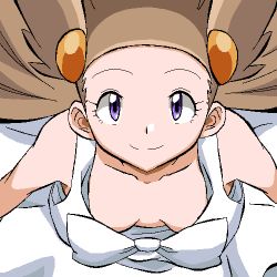 1girl alternate_eye_color bare_shoulders beads bow breasts brown_hair closed_mouth collarbone creatures_(company) downblouse dress female_focus forehead game_freak gomatarou_(pixiv196136) hair_beads hair_ornament happy jaggy_lines jasmine_(pokemon) long_hair looking_at_viewer lowres nintendo no_bra oekaki pokemon pokemon_gsc purple_eyes sleeveless sleeveless_dress small_breasts smile solo split_mouth straight-on two_side_up upper_body white_bow white_dress rating:Questionable score:43 user:Perv-Ultra