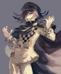  1boy arm_belt belt black_cape black_hat black_scarf brown_belt buttons cape checkered_clothes checkered_skirt cowboy_shot danganronpa_(series) danganronpa_v3:_killing_harmony denim double-breasted eyelashes eyes_visible_through_hair grey_background hair_between_eyes hands_up hat high_collar highres jacket jeans layered_sleeves lemontea long_sleeves looking_at_viewer male_focus midriff_peek multicolored_buttons multiple_belts o-ring oma_kokichi open_mouth pale_skin pants peaked_cap purple_cape purple_hair scarf short_hair simple_background skirt smile solo teeth torn_clothes torn_jeans torn_pants two-sided_cape two-sided_fabric two-tone_scarf upper_teeth_only white_belt white_jacket white_pants white_scarf wrist_belt 