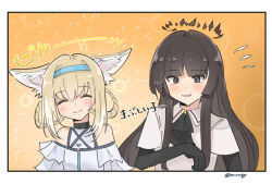  2girls animal_ears arknights ascot black_ascot black_eyes black_gloves black_hair blonde_hair blue_hairband blush border closed_eyes collared_shirt dot_nose elbow_gloves enunomiya facing_viewer flying_sweatdrops fox_ears gloves grin hair_between_eyes hair_rings hairband halo infection_monitor_(arknights) long_hair looking_at_viewer multiple_girls off-shoulder_shirt off_shoulder open_mouth shirt side-by-side sidelocks smile straight_hair suzuran_(arknights) twitter_username upper_body virtuosa_(arknights) white_border white_shirt 